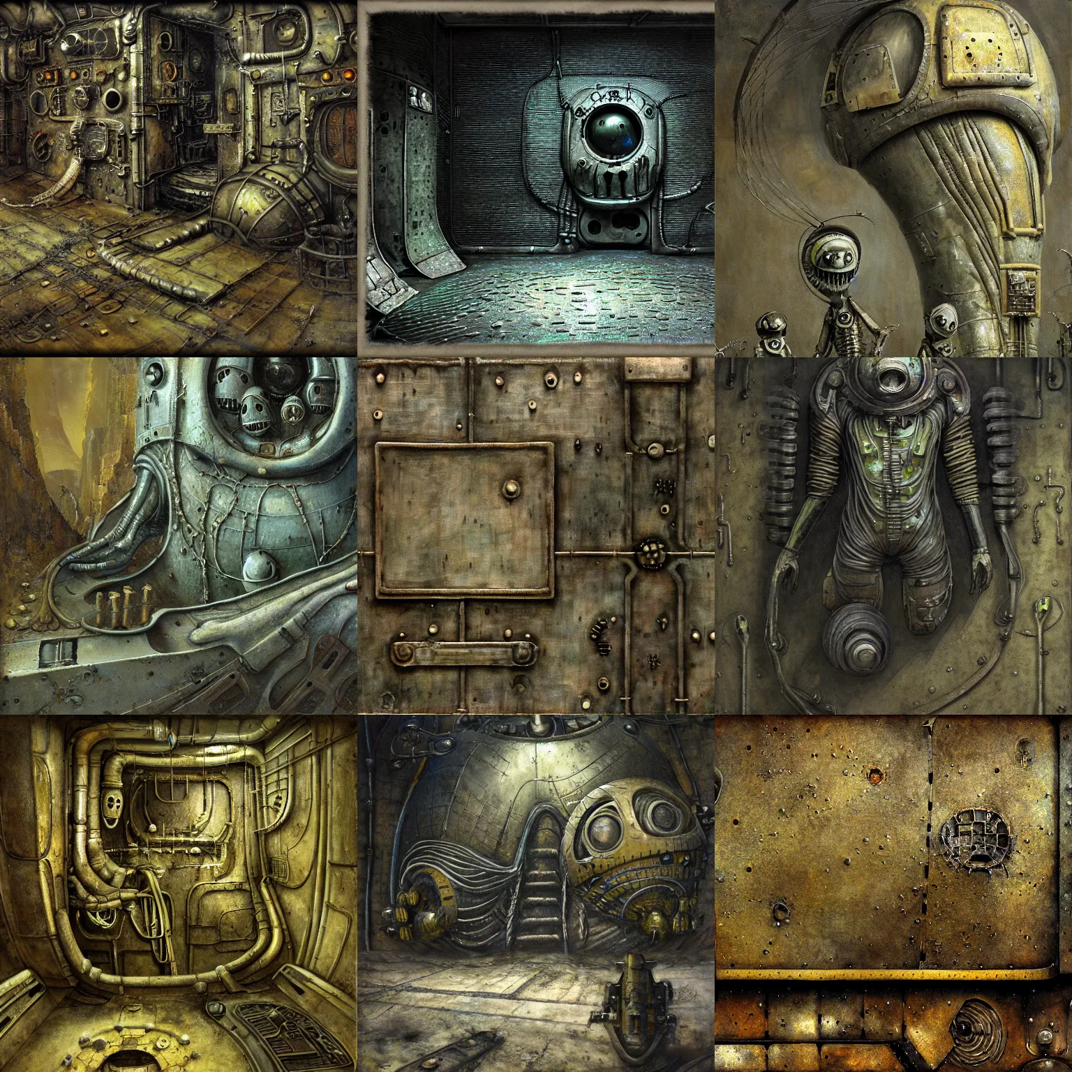 Prompt: scifi, machinarium giger, flat panels, diffuse texture, slime, muck, duct, dull flaking paint, bright metal wall seamless game texture, by dean cornwell, nc wyeth, painterly, 4 k, textures. com, high resolution