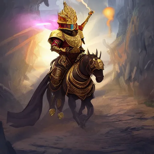 Prompt: a young black boy dressed like a moorish knight in gold armor and a crown with a ruby, charging through a dragons lair, Apex Legends character digital illustration portrait design, by adi granov, dramatic lighting, wide angle dynamic action shot