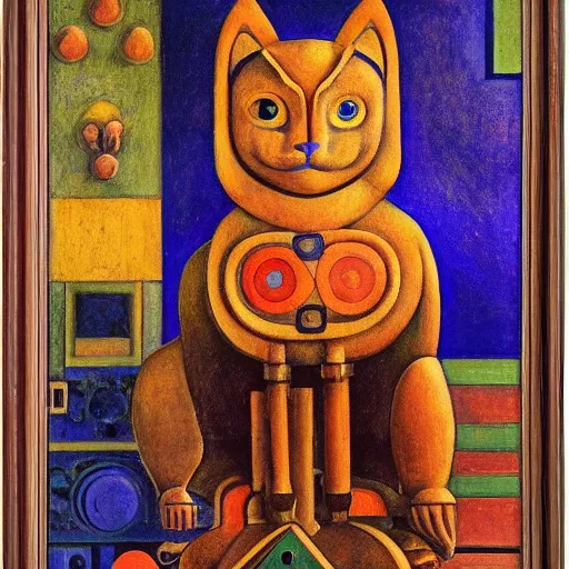 Prompt: mechanical robot cat, by annie swynnerton and diego rivera and nicholas roerich, symbolist, dramatic lighting, elaborate geometric ornament, art brut, soft cool colors, smooth, sharp focus, extremely detailed, adolf wolfli and ( donato giancola )