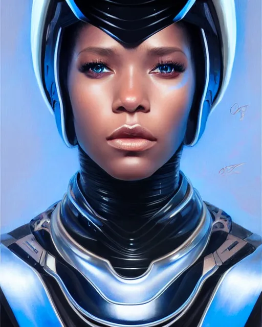 Image similar to Portrait of very very very very very very beautiful black woman, spacesuit, futuristic cybernetic helmet, blue eyes, real life skin, intricate, elegant, highly detailed, artstation, concept art, smooth, sharp focus, art by artgerm and greg rutkowski and alphonse mucha