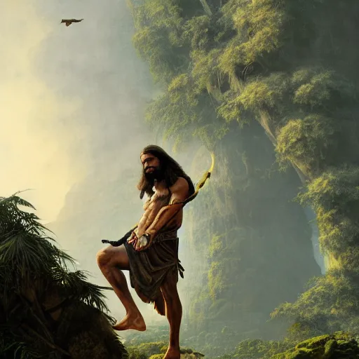 Image similar to a detailed matte painting of a ridiculously good looking jesus who is hunting in the prehistoric jungle with his pet falcon, elegant ancient greek dress, jungle as the background, very detailed, beautiful, intricate, art by greg rutkowski and robert e howard, octane render