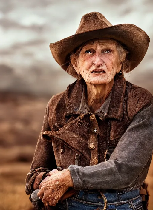 Image similar to closeup portrait of desperate dan (cowboy), old lady, zeiss lens, detailed, symmetrical, centered, fashion photoshoot, by Annie Leibovitz and Steve McCurry, David Lazar, Jimmy Nelsson, Breathtaking, 8k resolution, extremely detailed, beautiful, establishing shot, artistic, hyperrealistic, beautiful face, octane render