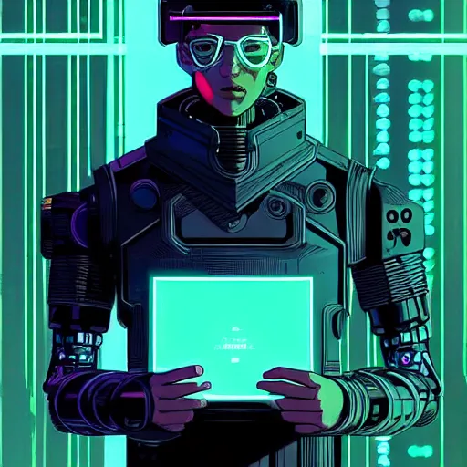 Image similar to a portrait of a cybernetic hacker, cyberpunk concept art by josan gonzales and moebius,