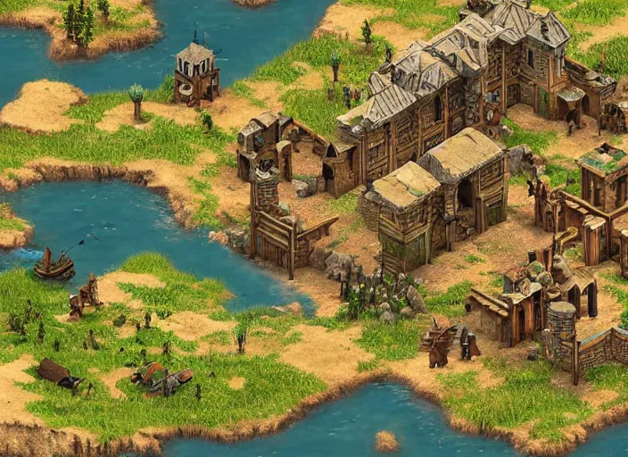 Image similar to isometric map of age of empires video game, procedural, top down, AOE2 , civilization, river, forest, cave, mountain, 3d map, woods, hills, buildings, snow, , digital art,realistic,detailed,art by greg rutkowski