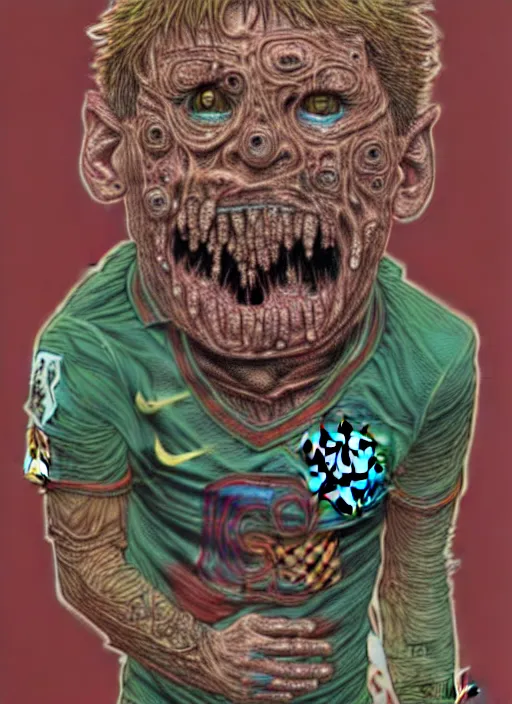 Image similar to messi's disgusting true form bursting from within, gross, slimy, sleazy, pustules, high details, intricate details, by dan mumford