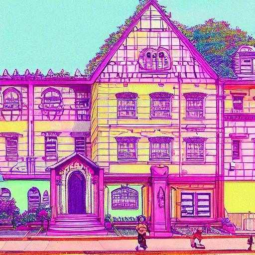 Prompt: hypermaximalist, golden ratio, gothic, vibrant neon pastel, fantasma, nonsensical by studio ghibli, significant mass loss of a house, field painting hard