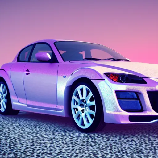 Prompt: Mazda RX-8 driving in a vaporwave landscape. Cats are flying out of the car windows. Digital render. 3DSMAX, Cinema 4D. Unreal engine.