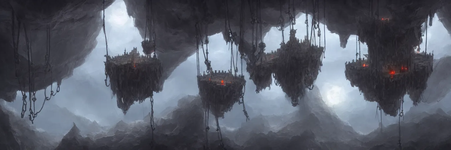 Prompt: floating castle hanging by chains in the air, inside a gorge, below only cloud dark void, 8k resolution, by Tatsuyuki Tanaka, artstation trends