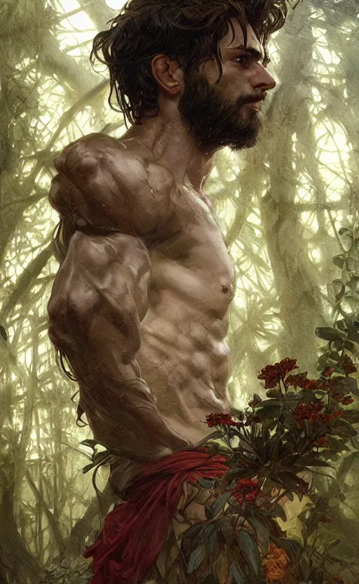 Image similar to god of the forest, 3 0 years old, rugged handsome, male, gorgeous, detailed face, clean lines, cinematic light, amazing, full body, flowers, muscular, intricate, highly detailed, digital painting, artstation, concept art, sharp focus, illustration, art by greg rutkowski and alphonse mucha