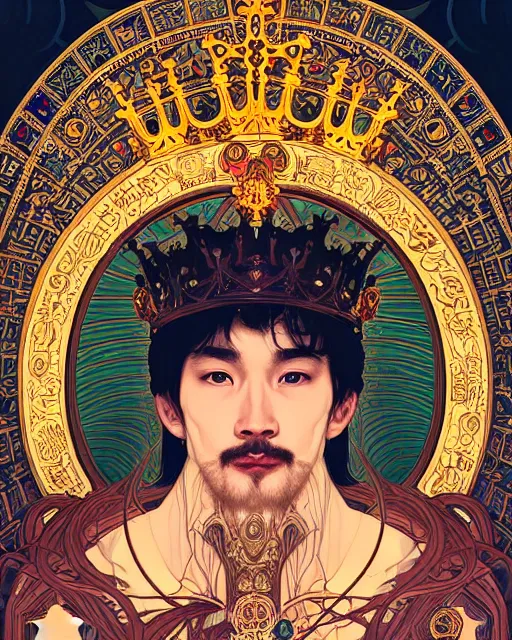 Prompt: symmetrical, centered, young and handsome god close - up portrait wigh crown made of skulls. artwork by tooth wu and wlop and alena aenami and alphonse mucha, brian froud, pablo amaringo