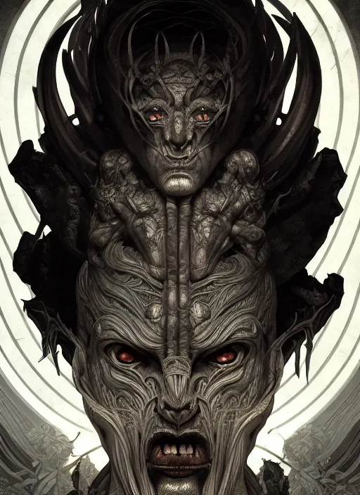 Image similar to symmetry!! portrait of grotesque hades, greek mythology, ancient greece, underworld, intricate, dark design, highly detailed, dark lighting, digital art, digital painting, artstation, sharp focus, illustration, art by artgerm and h r giger and greg rutkowski and alphonse mucha, 8 k