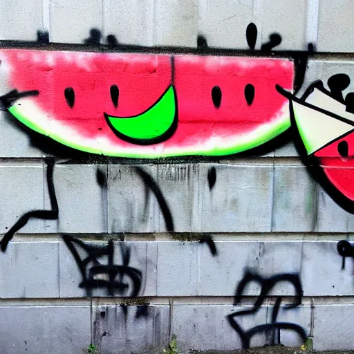 Image similar to a craw eating a watermelon, graffiti, photograph, made by banksy, vivid colors, spray brush, midday, sunny, professional