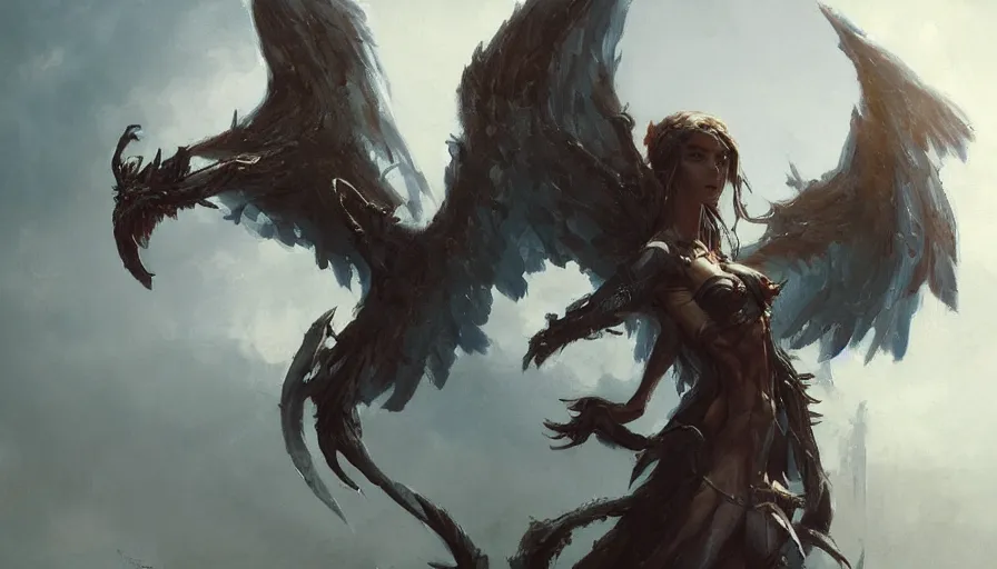 Image similar to A beautiful painting of a winged demon by greg rutkowski and Kalin Popov , Trending on artstation HD.