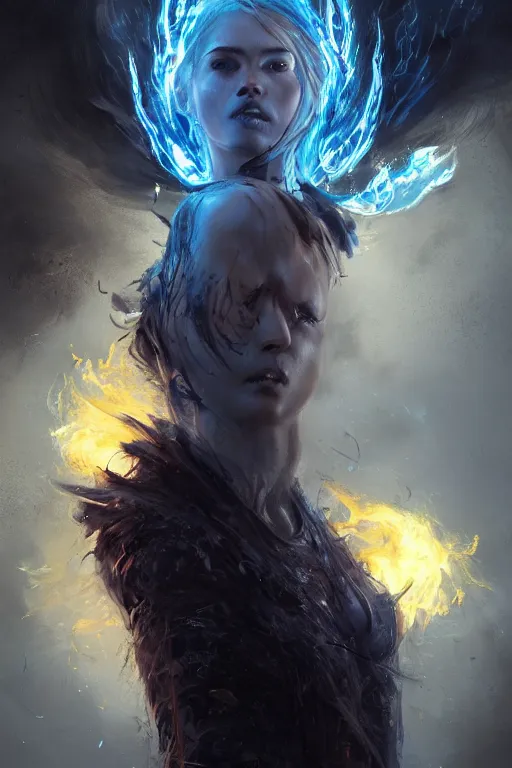 Image similar to a beautiful portrait of a young Demon women covered in blue and white flames with an intense look on her face by Greg Rutkowski, Sung Choi, Mitchell Mohrhauser, Maciej Kuciara, Johnson Ting, Maxim Verehin, Peter Konig, Bloodborne , 8k photorealistic, cinematic lighting, HD, high details, atmospheric , trending on artstation