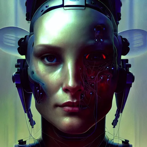 Image similar to horror digital concept art portrait of a high - tech cyborg on a depth of field background, artstation, award - winning realistic sci - fi concept art by jim burns and greg rutkowski, beksinski, a realism masterpiece, expressive color palette, james gilleard, bruegel, alphonse mucha, and yoshitaka amano