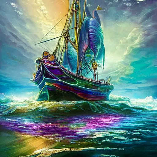 Image similar to mystical ship with kraken pulling it underwater, beautiful composition, wide angle, colorful, cinematic, volumetric lighting, intricate details painting