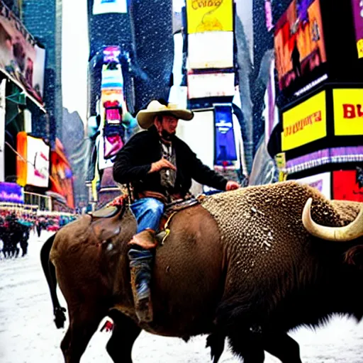 Image similar to wild west cowboy riding a buffalo in times square while it ’ s snowing