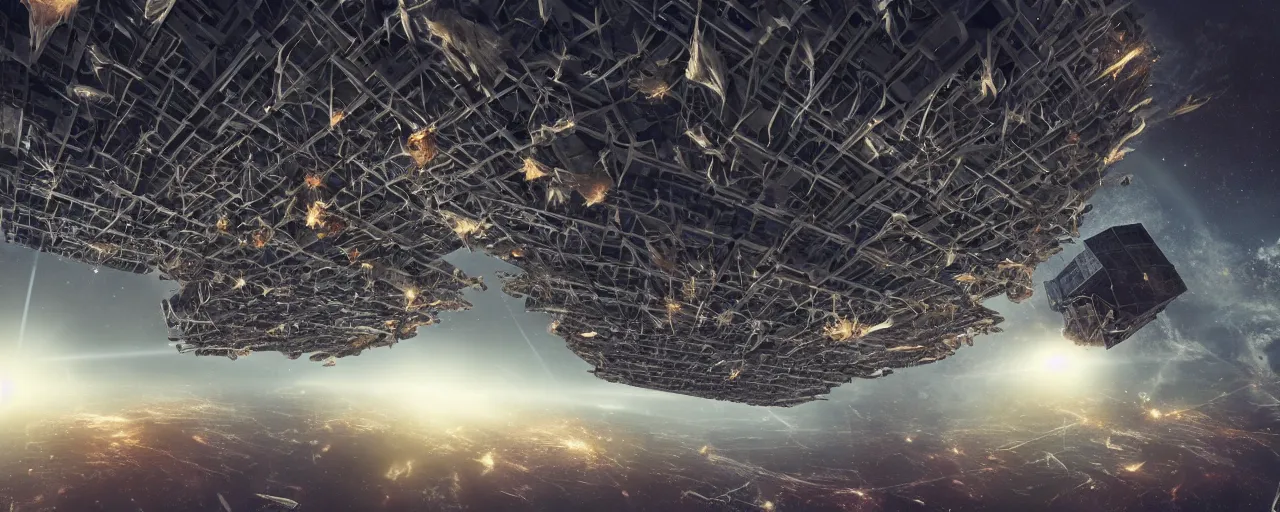 Image similar to movie still, brutalist wasp hive megastructure in space, unreal engine, octane render, detailed and intricate, global illumination, volumetric lighting, hubble telescope images, james webb telescope images, detailed and intricate environment