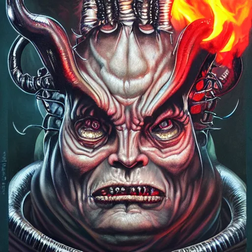 Image similar to doom demon giger portrait of satan, fire and flame, horns, Pixar style, by Tristan Eaton Stanley Artgerm and Tom Bagshaw.