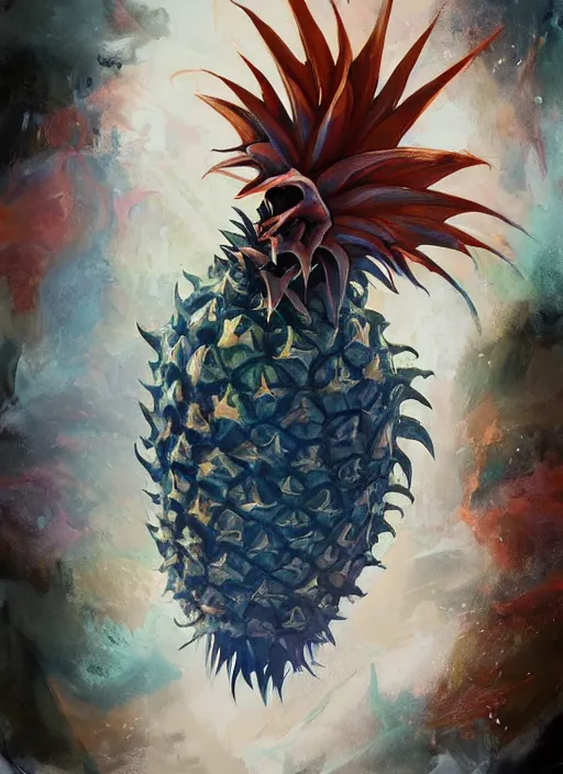 Image similar to semi reallistic gouache gesture painting, by yoshitaka amano, by ruan jia, by Conrad roset, by dofus online artists, detailed anime 3d render pineapple alien monster, pineapple terrible alien monster, antrophomorfic pineapple , portrait, cgsociety, artstation, rococo mechanical, Digital reality, sf5 ink style, dieselpunk atmosphere, gesture drawn