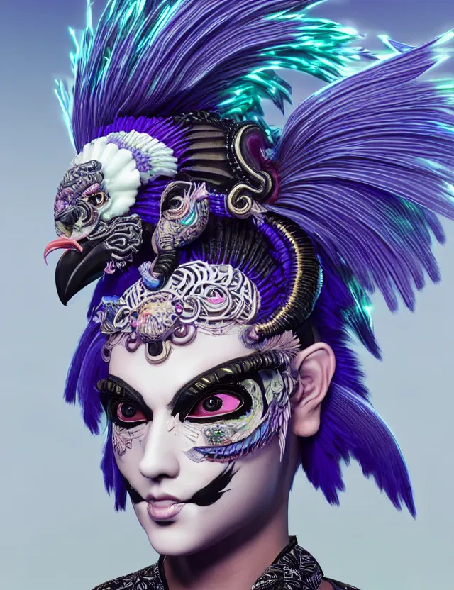 Image similar to 3 d photo realistic goddess close - up profile portrait punk with mohawk with ram skull. beautiful intricately detailed japanese crow kitsune mask and clasical japanese kimono. betta fish, jellyfish phoenix, bio luminescent, plasma, ice, water, wind, creature, artwork by tooth wu and wlop and beeple and greg rutkowski