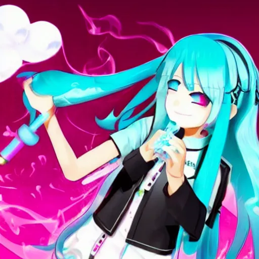 Image similar to hatsune miku being high with bloodshot eyes smoking weed with a vape pen. a room full of smoke