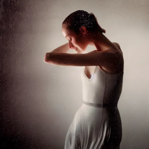 Image similar to portrait of a ballerina with a beautiful porcelain face, rain, cinematic light and reflections, beautiful dreamy lighting, photographed by annie leibovitz,