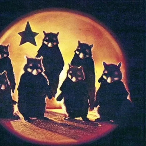 Prompt: 1 9 8 0's sci - fi movie still, a group of sinister evil raccoons wearing dark evil cult robes perform an evil ritual standing in a circle around a piece of pizza on top of a pentagram, dramatic candlelight