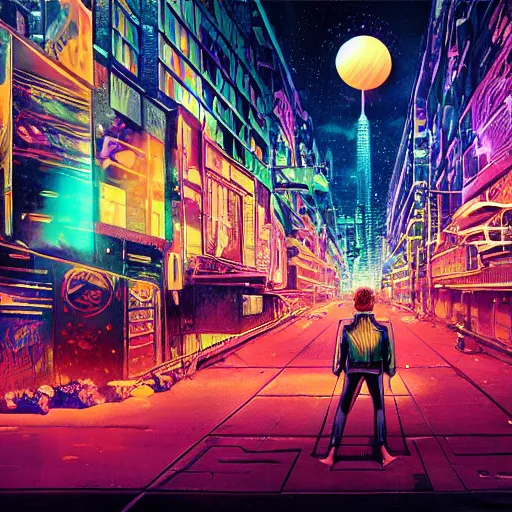 Image similar to ziggy stardust from Mars anamorphic illusion 4k, in the style of Dan Mumford, with a crowded futuristic cyberpunk city in the background, astrophotgraphy