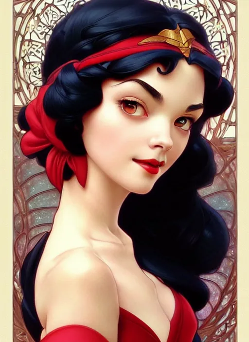 Prompt: disney snow white, intricate, elegant, highly detailed, my rendition, digital painting, artstation, concept art, smooth, sharp focus, illustration, art by artgerm and greg rutkowski and alphonse mucha and uang guangjian and gil elvgren and sachin teng, symmetry!!