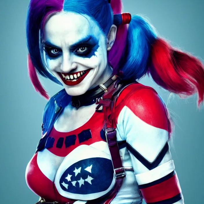 Image similar to portrait of Melanie C as a harley quinn in Suicide Squad. octane render, trending on artstation, very coherent, symmetrical artwork. cinematic, high detail, octane render, 8k