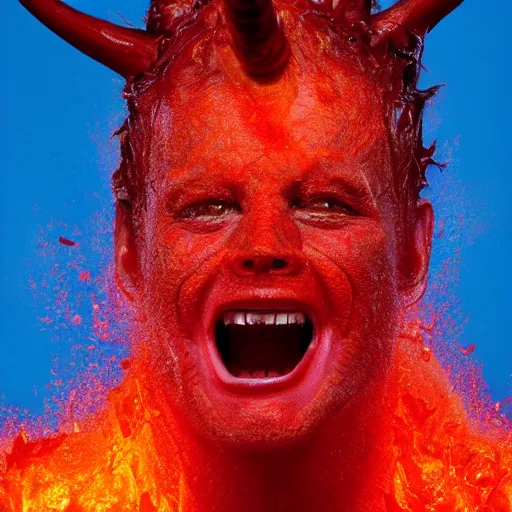 Prompt: a devilish red monster with horns licking hot lava emerging from boiling rough fiery lava seas, close - up portrait photo by david lachapelle, masterpiece, trending on flickr