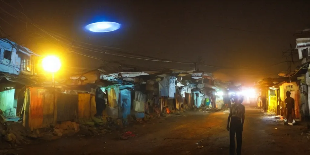 Prompt: UFO in Ajegunle slums of lagos beaming neon ray of light,