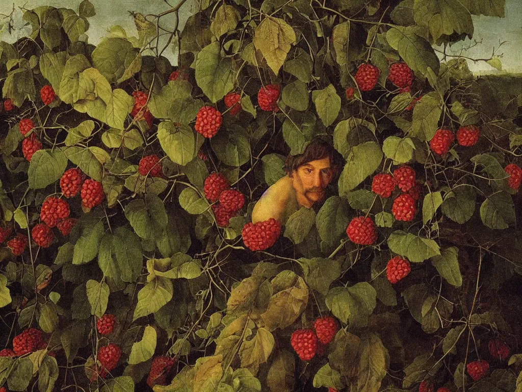 Prompt: perfect young man hiding between wild thorns and raspberries. Shadows loom over the land. Painting by Bosch, Bekinski.