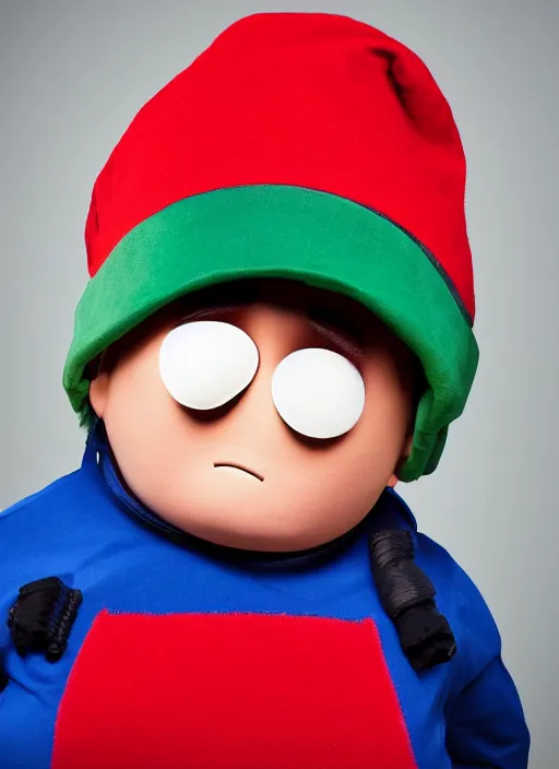 Image similar to portrait photo still of real life eric cartman, 8 k, 8 5 mm, f. 1 4