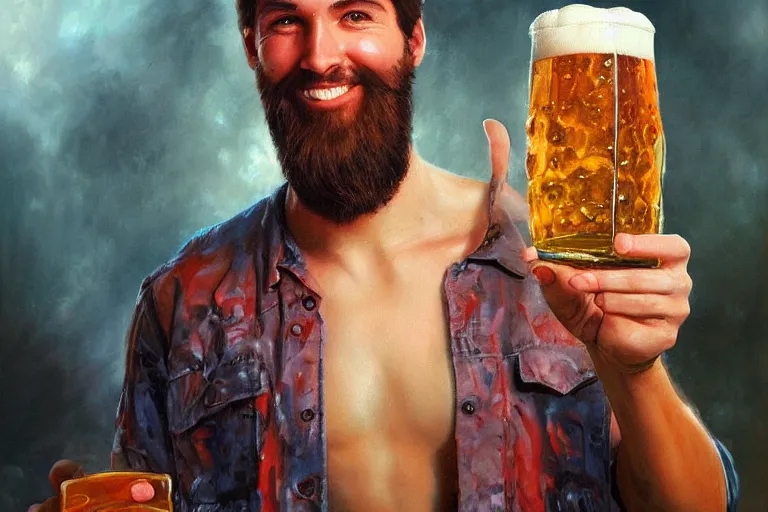 Image similar to a young man holding a beer giving a thumbs up with a long beard, airbrush painted, 80s poster, detailed, uncropped, painted by Bastien Lecouffe-Deharme