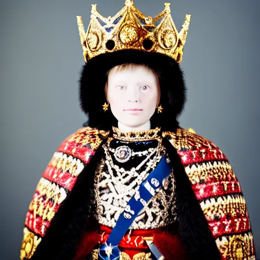 Image similar to portrait photograph of a very beautiful Scandinavian queen with ornate cloak, bokeh, graflex camera, macro 15mm