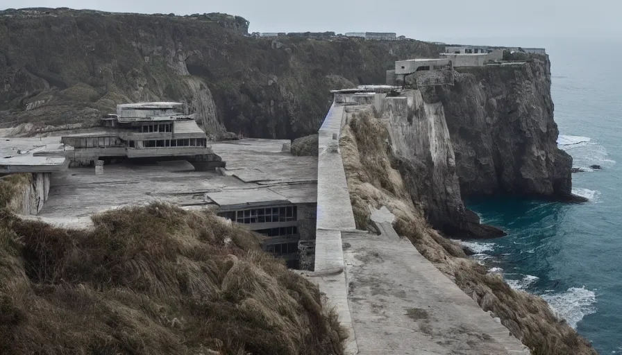 Image similar to coastal perched on a cliff overlooking a magnificient bay, imperial brutalist base, drawing architecture, ultra very long shot, top angle, imperial architecture in rogue one, pritzker architecture prize, brutalism architecture, jan urschel, greig fraser