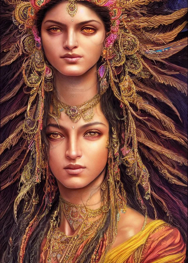 Prompt: Portrait painting of a beautiful indian princess born of fire, stunning 3d render inspired art by P. Craig Russell and Barry Windsor-Smith + perfect facial symmetry + dim volumetric lighting, vibrant dark wavy hair, ornate flowing silvered robes, dizzy, full body, 8k octane beautifully detailed render, post-processing, extremely hyperdetailed, intricate, epic composition, grim yet sparkling atmosphere, cinematic lighting + masterpiece, trending on artstation, very very detailed