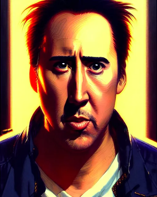 Image similar to portrait Anime Nicholas cage eating burger smoking Sharp fine face, pretty face, realistic shaded Perfect face, fine details. Anime. cyberpunk realistic shaded lighting by katsuhiro otomo ghost-in-the-shell, magali villeneuve, artgerm, rutkowski Jeremy Lipkin and Giuseppe Dangelico Pino and Michael Garmash and Rob Rey