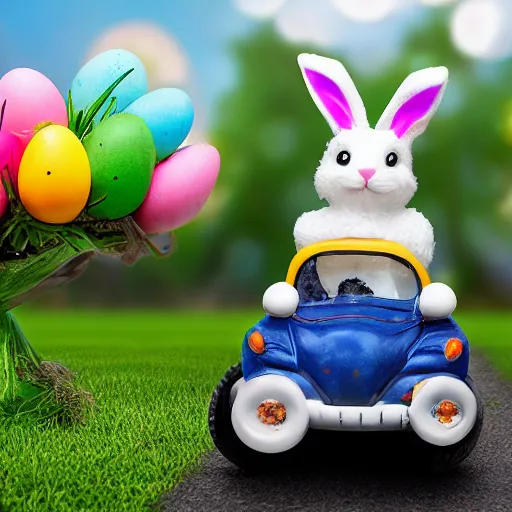 Image similar to easter bunny riding a convertible, studio photo, high quality