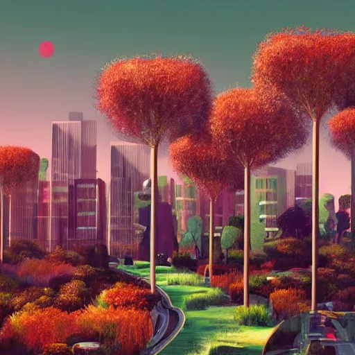 Prompt: Beautiful city of the future, overgrown with trees and plants. Nice colour scheme, warm colour. Beautiful artistic digital artwork by artist Lurid. (2022)