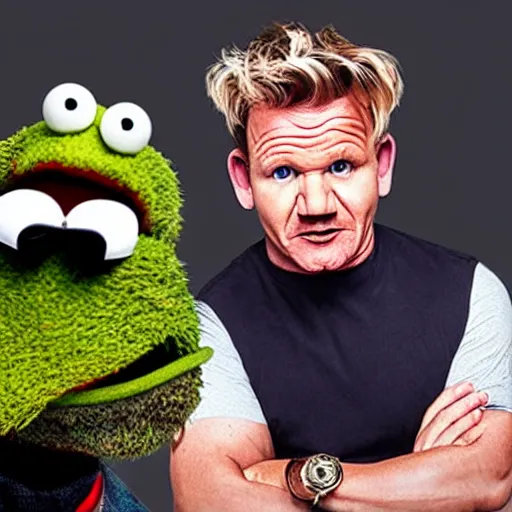 Image similar to photo of gordon ramsay eating a muppet