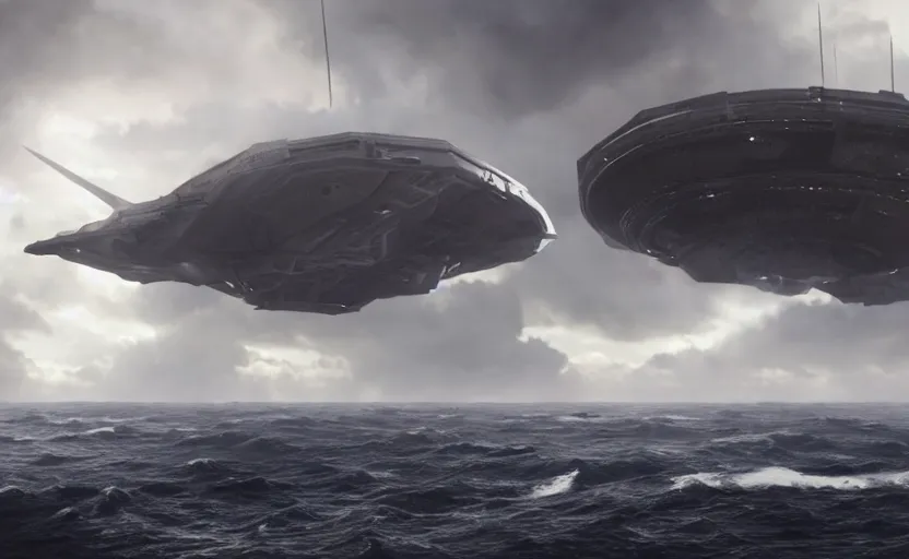 Image similar to an alien ship flies high above a stormy ocean, sci-fi concept art, unreal engine 3d