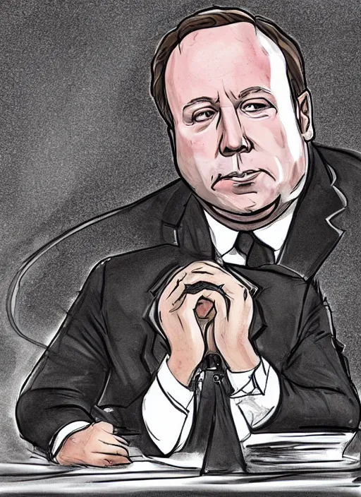 Image similar to sad alex jones surrounded in a dark murky room, highdetailed illustration