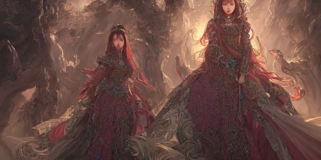 Image similar to an concept art of the korean queen surrounded by magic guards, long hair, makeup, intricate details, detailed face, detailed dress, one face, artstation, epic pose, colourful light, by kentaro miura and vasnetsov