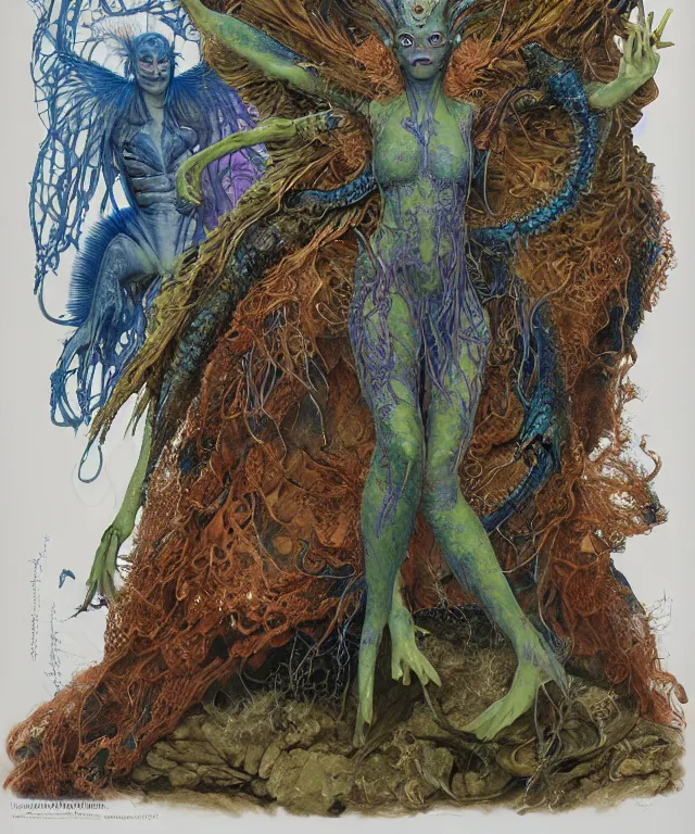Prompt: a portrait photograph of a fierce sadie sink as an alien harpy queen with blue slimy amphibian skin. she is trying on evil bulbous slimy organic membrane fetish fashion and transforming into a fiery succubus amphibian mantis. by donato giancola, walton ford, ernst haeckel, brian froud, hr giger. 8 k, cgsociety