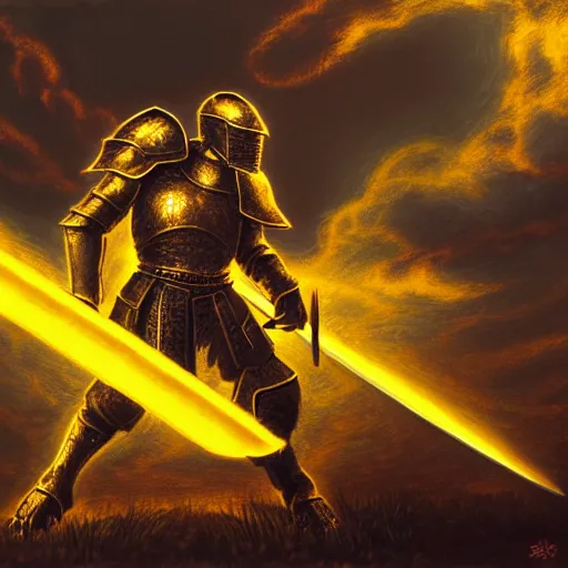 Image similar to A highly detailed matte acrylic painting of a heavily armored paladin wielding a very bright glowing gold sword, fighting in a huge battle at dusk.