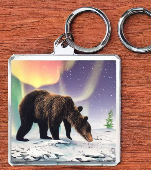 Image similar to keychain of a realistic bear eating a salmon under the northern lights