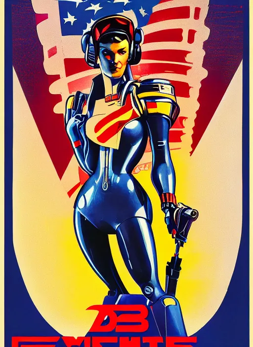 Image similar to american propaganda poster art. powerful cyberpunk pilot. portrait by jean giraud and anton otto fischer and john philip falter and will eisner and gil elvgren and pixar. full body. realistic proportions. science fiction d & d. overwatch, rb 6 s, cyberpunk 2 0 7 7, blade runner 2 0 4 9 concept art. cel shading. thick lines.